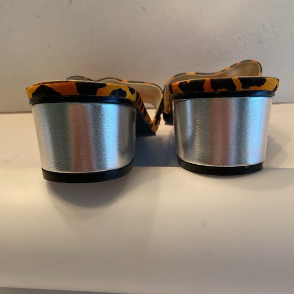 Diane Gilman leopard orange black sequin square toe chunky block heel slides - Picture 5 of 16